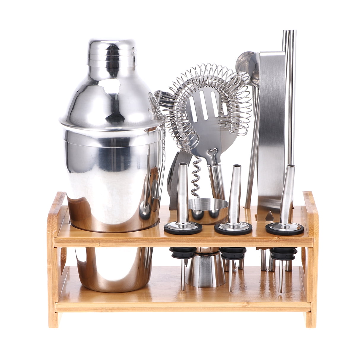 1 Set Stainless Steel Cocktail Kit Wooden Base Cocktail Mixing Kit