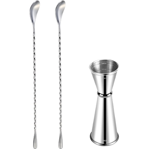 1 Set Stainless Steel Cocktail Mixing Spoon Jigger Bartending Home Bar Tool Drinks Juice