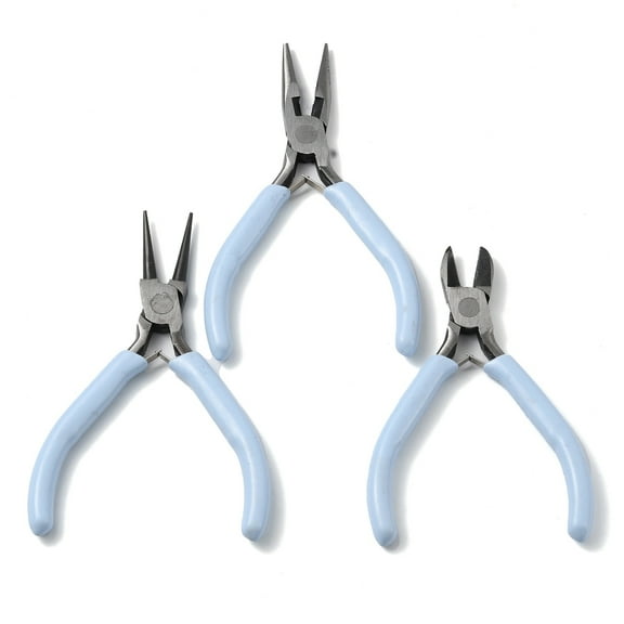 1 Set Steel Pliers Set with Plastic Handles including Side Cutter Pliers Round Nose Plier Needle Nose Wire Cutter Plier Light Sky Blue 11~12.3x7.7~8.1x0.9~0.95cm 3pcs/set