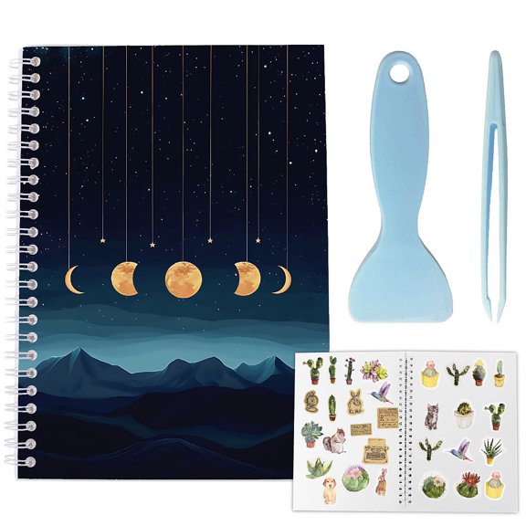 1 Set Sticker Collection Book Hand Account Release Paper with Tweezers and Scraper(Colors are Dispatched Randomly) Moon 210x148mm for DIY