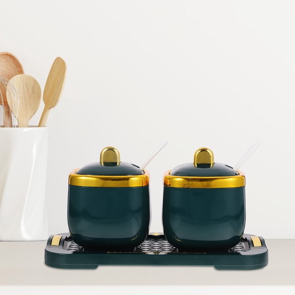 1 Set Sugar Bowl with Lid, Tray, Spoons, and Seasoning Containers for Salt and Spice Storage