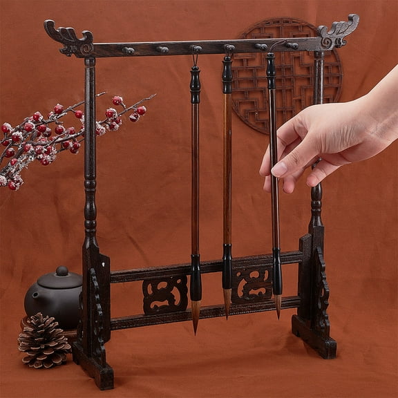 1 Set of Super Delicate Carved Black Ink Pen Holder with 3 Brushes - 12 Pin Hooks, Suitable for Chinese Writing, No Electricity or Battery Required, All-Season Use