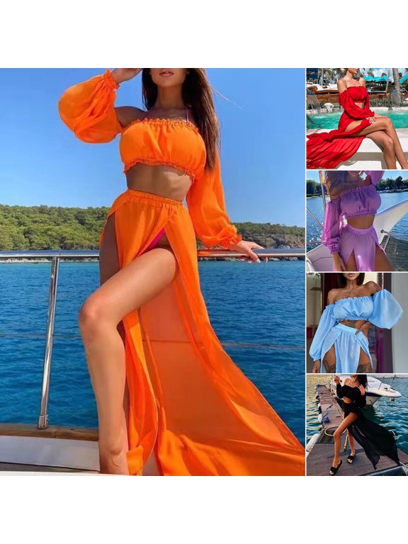 1 Set Swimwear Cover Up Solid Color Off Shoulder Waist-exposed Wear-resistant Beach Skirt for Beach