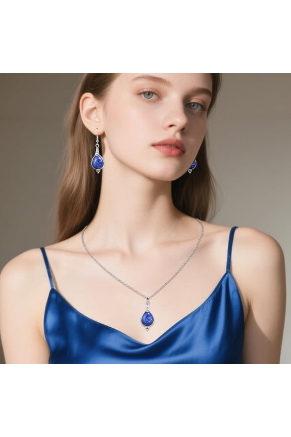 1 Set Teardrop Blue Stone Necklace Earring Set Bohemia Pendant Necklaces Dangle Earrings Sets for Mom Wife Bride Bridesmaid Women Dress Up Gifts 52x15mm Silver
