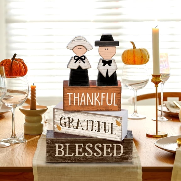 1 Set Thanksgiving Day Tabletop Block Sign Decor, Rustic Fall Decorations Wooden Style Centerpiece for Tiered Tray Shelf and Thanksgiving Decorations