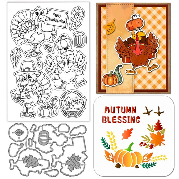 1 Set Thanksgiving Day Turkey Theme DIY Scrapbooking Tool Sets 1Pc PET Painting Stencils and 1Pc PVC Plastic Clear Stamps Mixed Shapes