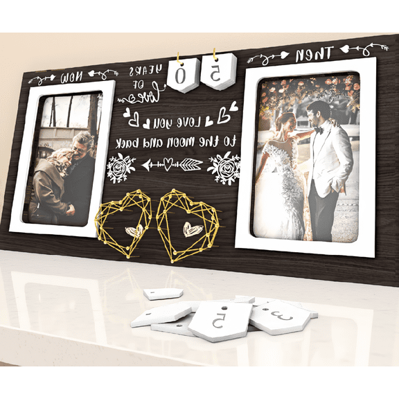 1 Set Then & Now Anniversary Picture Frame, Wood Double Photo Frame Holds Two 4x6 Photos, Tabletop or Mount, 15.7x7.8 Inch