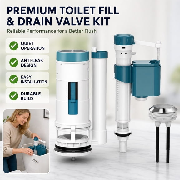 1 Set Toilet Fill Valve and Drain Valve Kit Quiet Flush 7.9 in