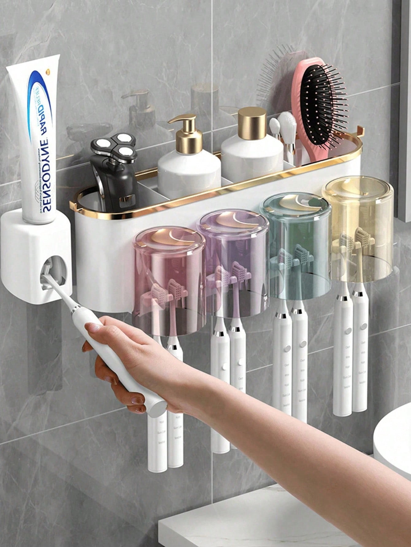1 Set Of Toothbrush Holder With 2/3/4 Cups And Toothpaste Squeezer ...