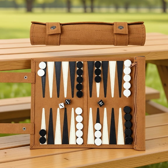 1 Set Travel Backgammon Game, Roll-Up Portable Board Game for 2 Players, 12.5x10 Inch with 30 Checkers, 4
