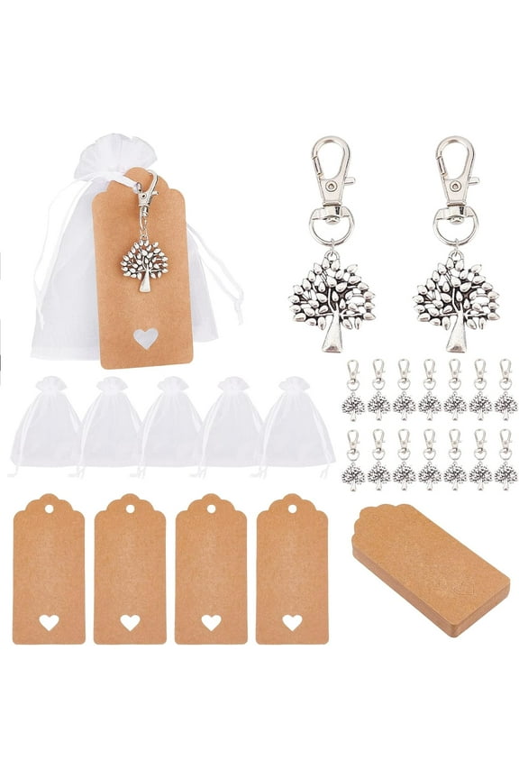 1 Set Tree of Life Keychain Set Including 24Pcs Keychains 24Pcs Display Paper Cards and 24Pcs Organza Bags Silver Alloy Keychain: 60mm