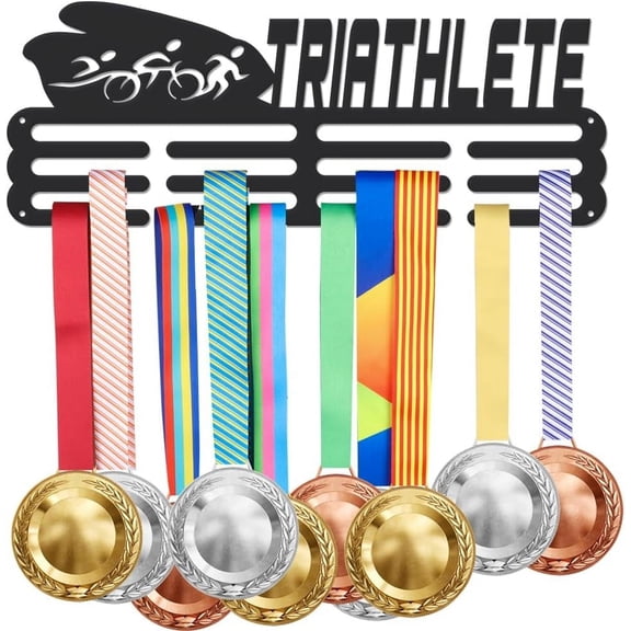 1 Set Triathlon Medal Hanger Display Sports Race Medals Holder Rack Swim Bike Run Wall Mount Iron Ribbon Hook Hanger Decor Awards Ribbons Holder for Runner Swimmer Triathlete Players