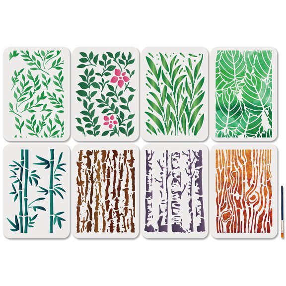 1 Set US 8Pcs Wood Grain PET Hollow Out Drawing Painting Stencils for DIY Scrapbook oto Album with 1Pc Art Paint Brushes Mixed Shapes 169~297x5~210mm