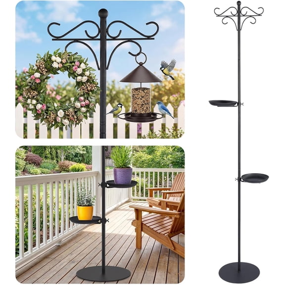 1 Set Upgraded 75.9" Shepherds Hook for Bird Feeder, Hanging Plant Wind Chime Stand, Metal Adjustable Standing Pole Holder for Indoor Outdoor, with 2 Rack & Weight Bag (Retro 2 Hooks)