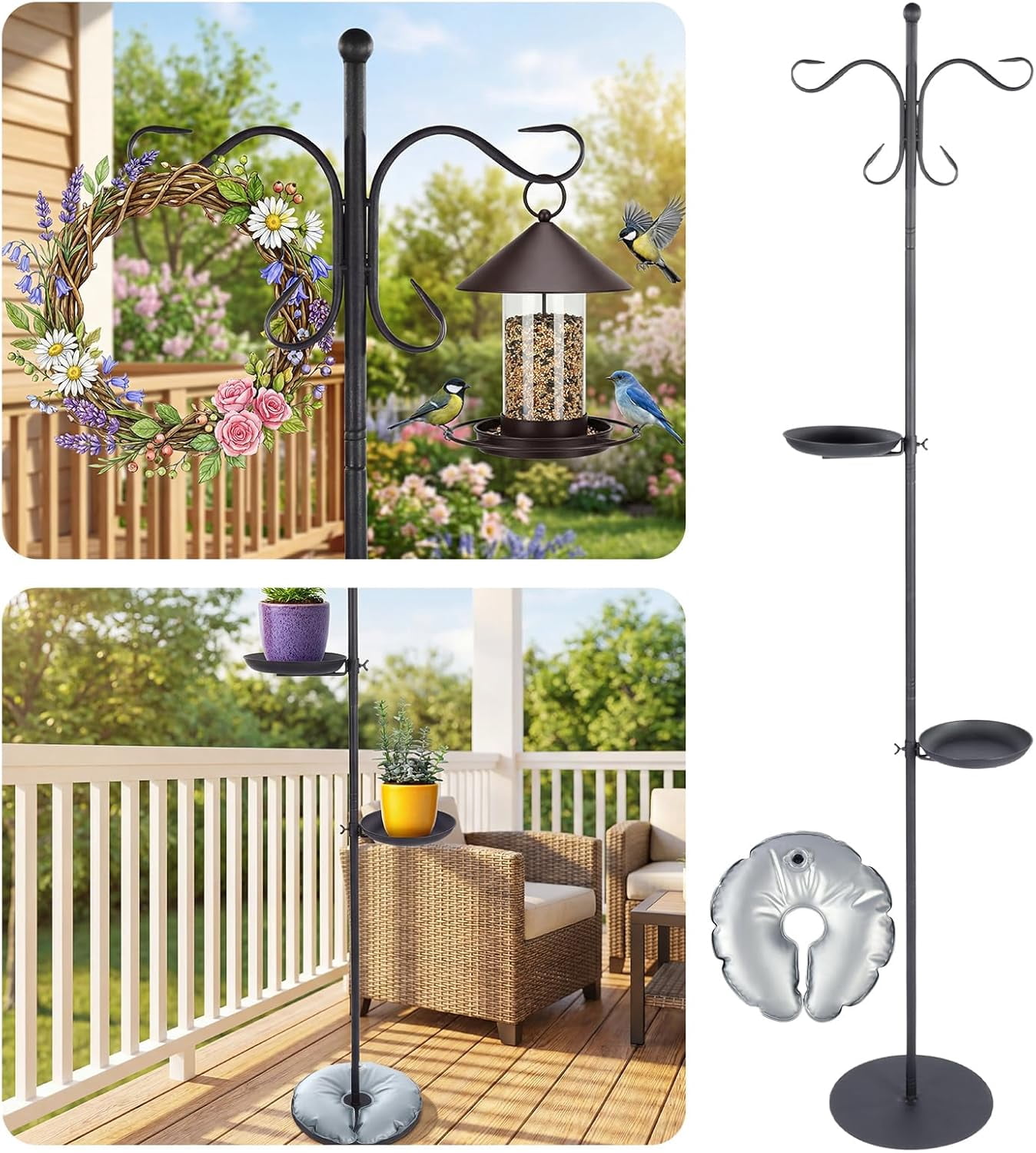 1 Set Upgraded 75.9" Shepherds Hook for Bird Feeder, Hanging Plant Wind Chime Stand, Metal Adjustable Standing Pole Holder for Indoor Outdoor, with 2 Rack & Weight Bag (2 Hooks)