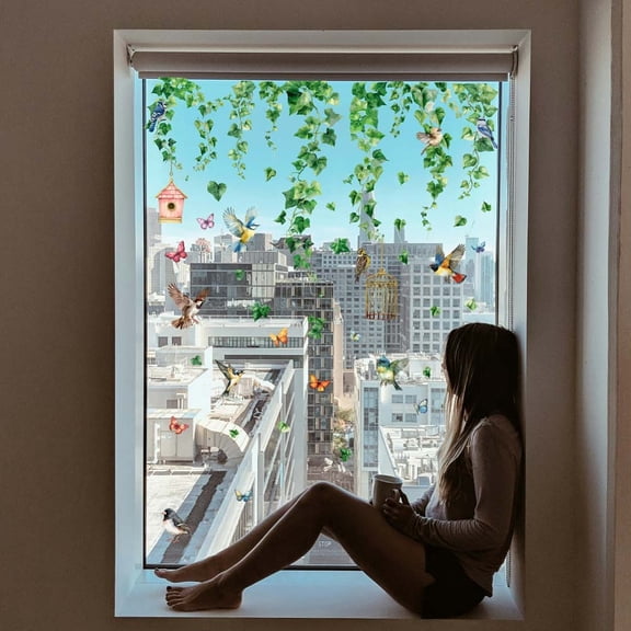 1 Set Vine Window Stickers Birdcage Window Decals Botanical Window Floor Clings Non-Adhesive Stickers Bedroom Window Decal Green Plants Window Decor for Living Room TV Wall