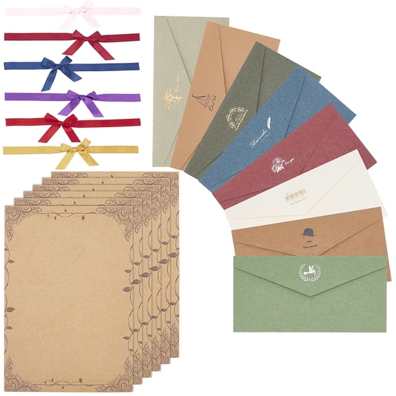 1 Set Vintage Retro Western Style Paper Envelope Bowknot Polyester Satin Ribbon Gilding Kraft Writing Paper Mixed Color 22x10.9cm 40pcs