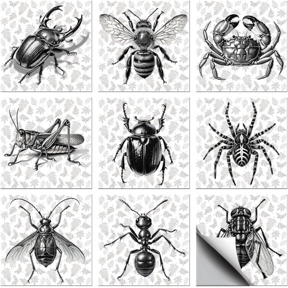 1 Set Waterproof PVC Tile Stickers for Kitchen Bathroom Waterprrof Wall Tiles Insects 100x100mm 36pcs/set for Handmade