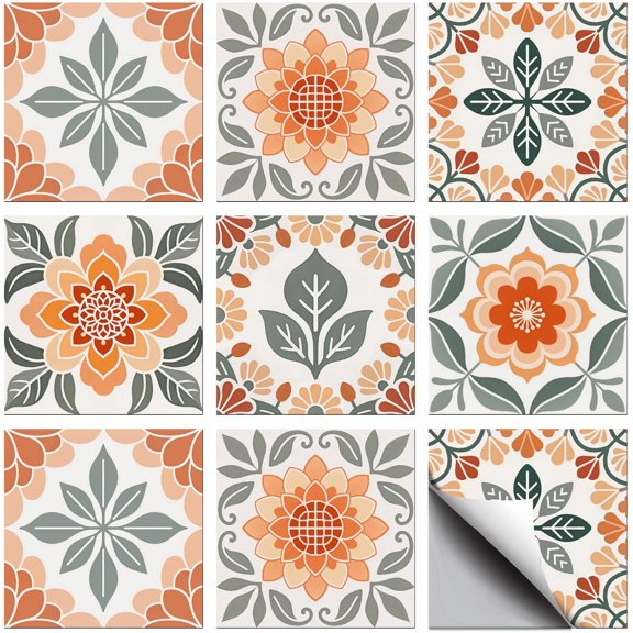 1 Set Waterproof PVC Tile Stickers for Kitchen Bathroom Waterprrof Wall Tiles Square Flower 100x100mm 6 style 6pcs/style 36pcs/set for DIY