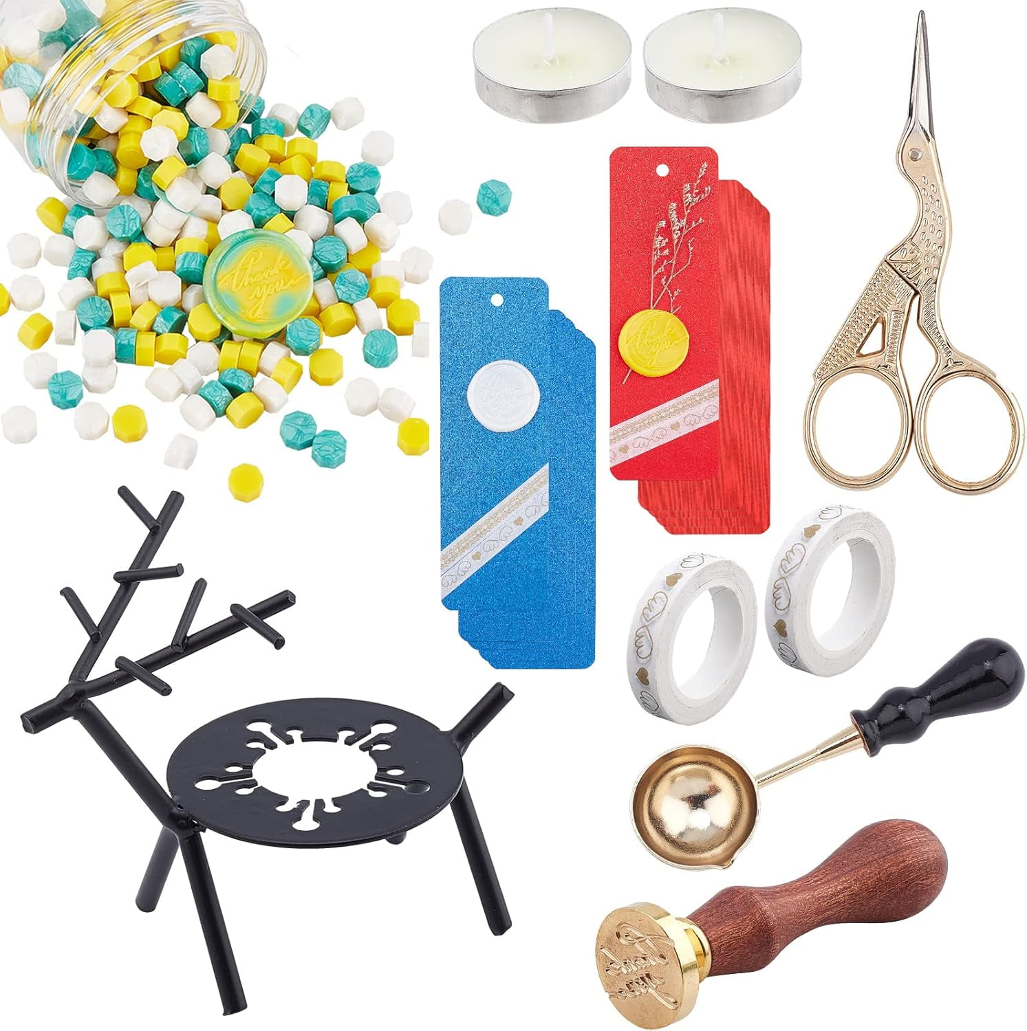1 Set Wax Seal Kit Sealing Wax Furnace with 1pc Wax Spoon 210pcs Wax Seal Beads Thank You Wax Seal Stamp Adhesive Tapes & 50pcs Blank Kraft Paper Card Scissors Candle for Wedding Invitations
