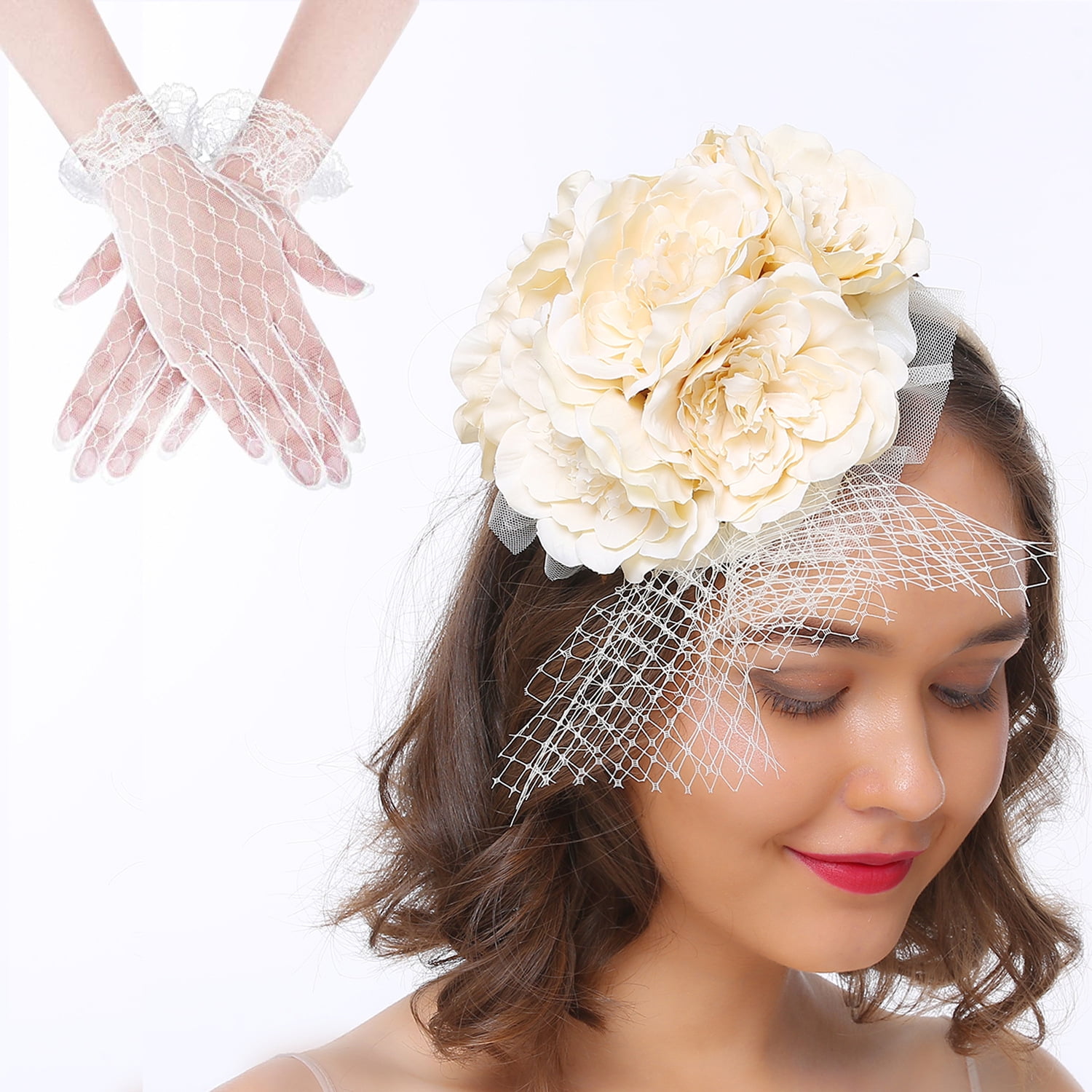 1 Set Wedding Bride Fascinator Hat Lace Gloves Tea Party Headpiece