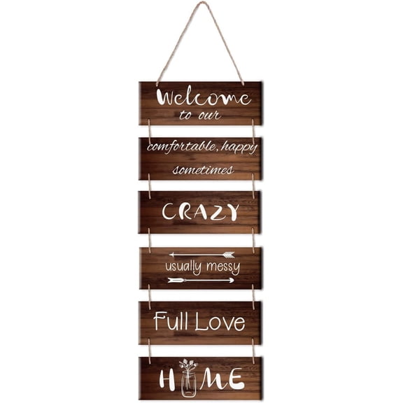 1 Set Welcome to Our Home Wooden Hanging Sign Decorative Plaque Rustic Wall-Mounted Slatted Welcome Sign Wall Art Farmhouse Living Room Decor Dark Brown Color 35.4x11.8in Mixed Color 1set