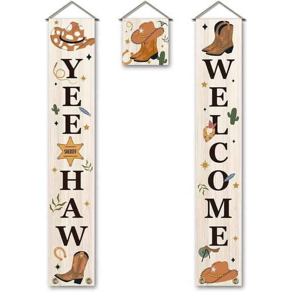 1 Set Western Theme Polyester Hanging Sign for Home Office Front Door Porch Decorations Rectangle & Square Word 180x30cm and 30x30cm 3pcs/set