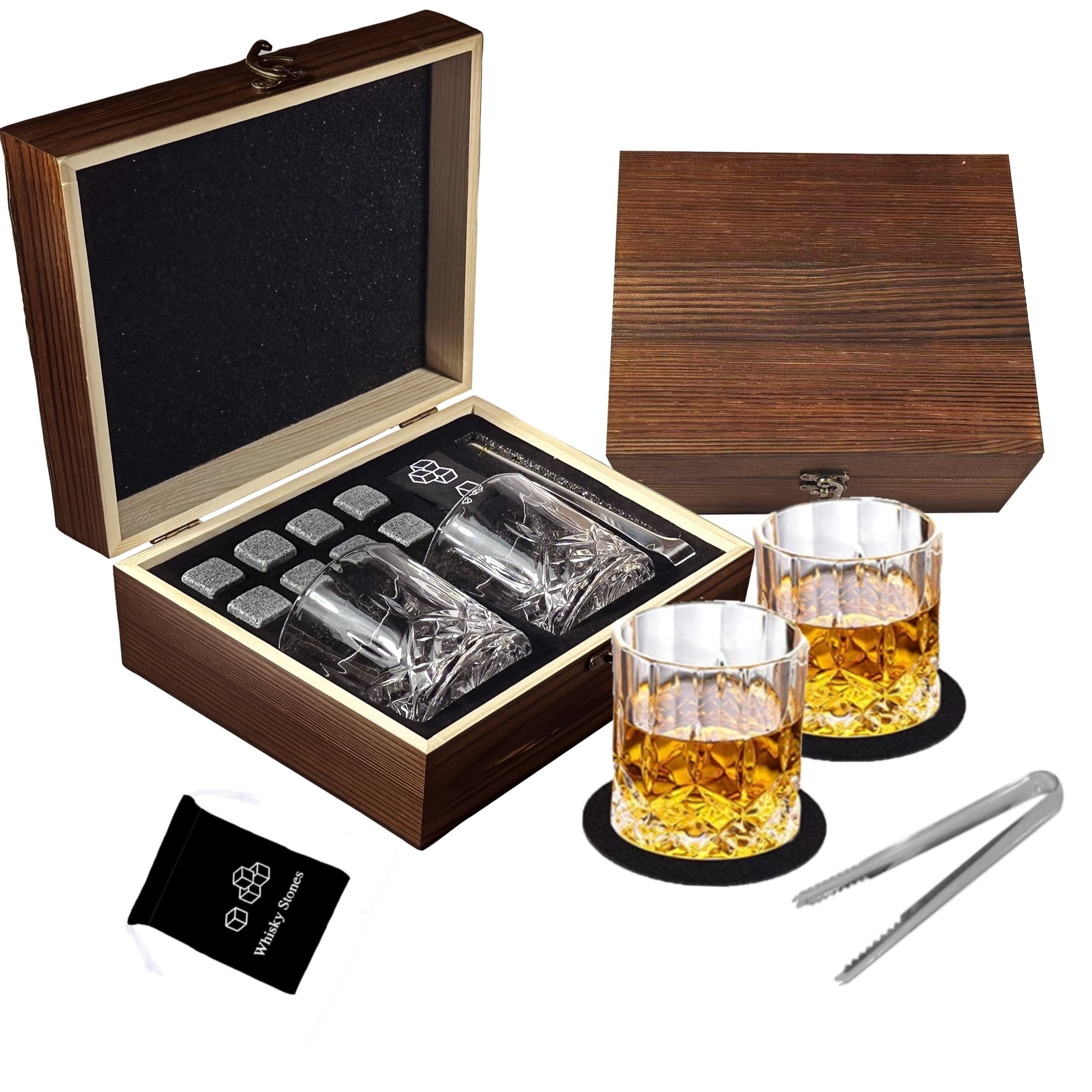 Whiskey Glasses Gift Set - 2 Twisted Rocks Glasses With Cigar Holder, Whiskey Stones, Tongs, Cutter