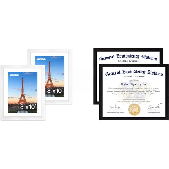 1 Set White 8x10 Inch Picture Frame And Black 8.5x11 Inch Diploma Certificate Document Display