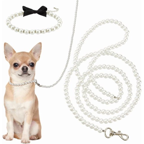 1 Set White Pearl Necklace Collar and Beaded Leash for Dog Pet Cat Set 47.2 inch Beaded Pet Chew-Proof Leash Extension with Alloy Clasp