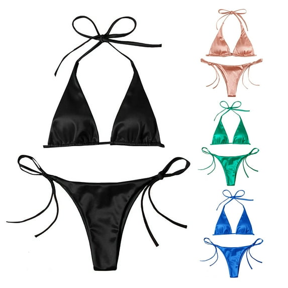 1 Set Women Bikini Set Halter Neck Lace Up Solid Color Spaghetti Strap Three-point Swimming Padded Wireless Summer Swimming Suit Water Sports Clothes