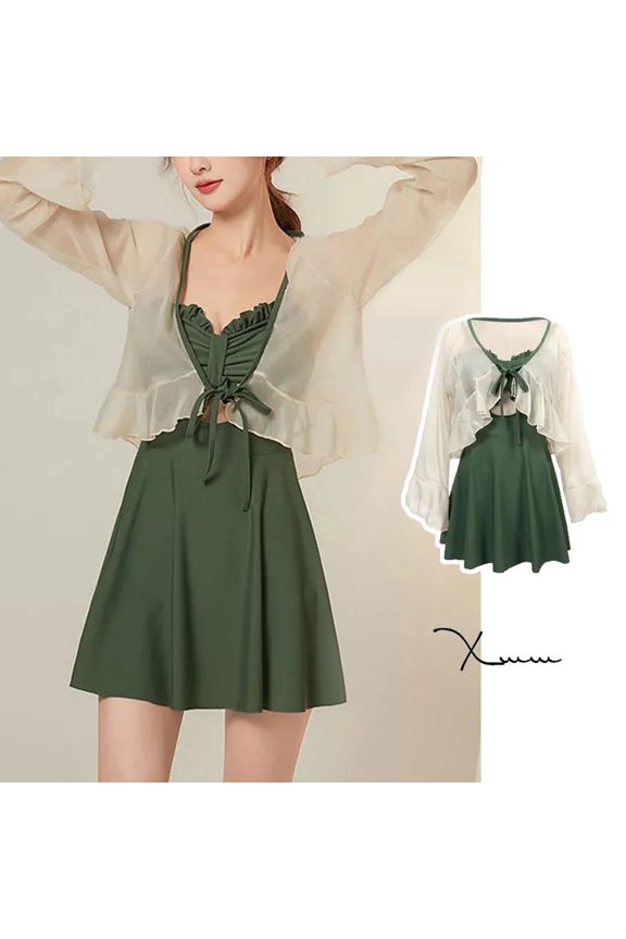 1 Set Women Summer Bikini Set Sling Ruffle Trim Hollow Out Monokini Solid Color Cover Up Coat Set Beach Swimwear