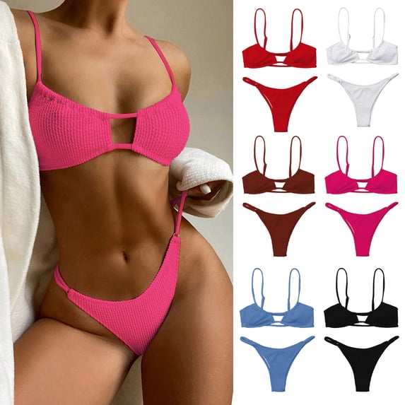1 Set Women Swimsuit Set Solid Color Spaghetti Strap Hollow Out Backless High Waist Soft Quick Dry Lady Bechwear Bathing Suit Bikini Set