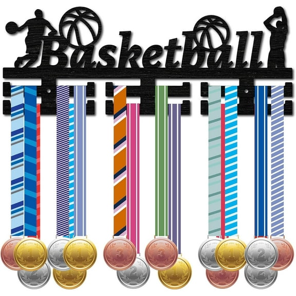 1 Set Wood Basketball Medal Holder Sport Medal Hanger Display Medal Rack Wall Rack Mounted over 30 Medals Awards Ribbon Stand Trophy Star for Competition Athletes Medalist 15.7 x 5.9 Inch Basketball