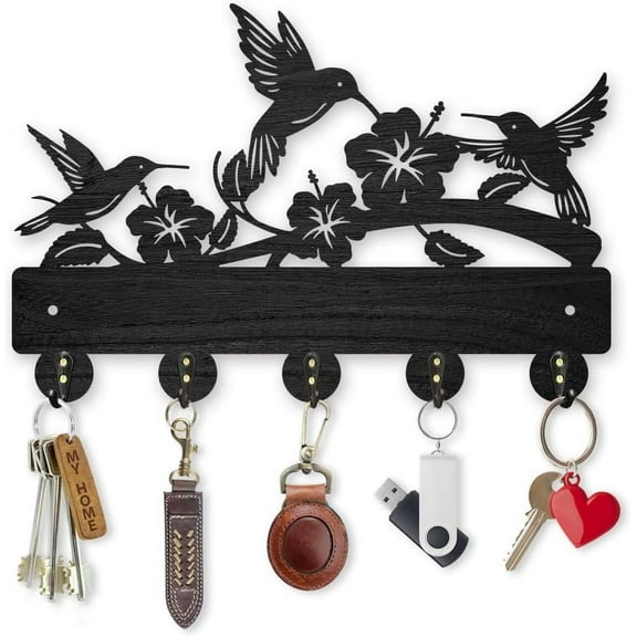 1 Set Wood Bird Flower Coat Rack Wall Mounted 11.87.9inch Self-Adhesive Hummingbird Key Holder for Wall Black Birds Hooks Wall Art Decor 5 Alloy Hooks for Entryway Living Room Camping Gift