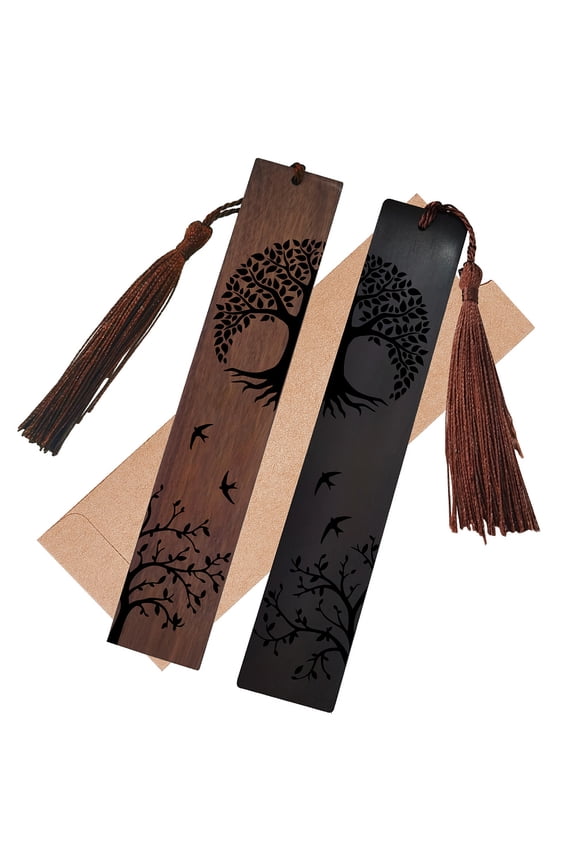 1 Set Wood Bookmarks Set Rectangle Laser Engraving 1Pc Polyester Tassel Big Pendants Decorations and 1Pc Paper Bags Tree of Life DIY