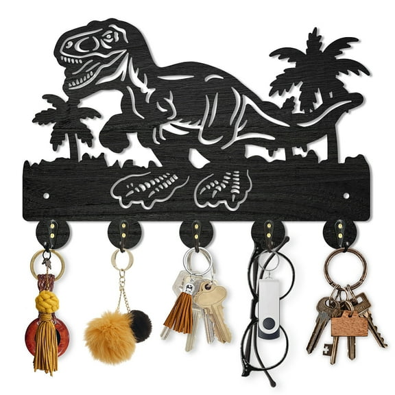 1 Set Wood Dinosaur Coconut Tree Coat Rack Ancient Animal Key Holder for Wall 11.87.9inch Decorative Tropical Palm Tree Key Hooks 5 Alloy Hooks for Gift Entryway Front