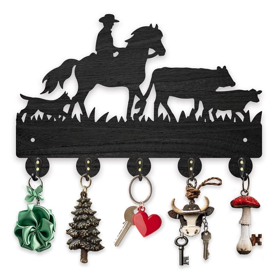 1 Set Wood & Iron Wall Mounted Hangers Decorative Organizer Rack with 2Pcs Screws 5 Hooks for Bag Clothes Key Scarf Hanging Holder Cattle