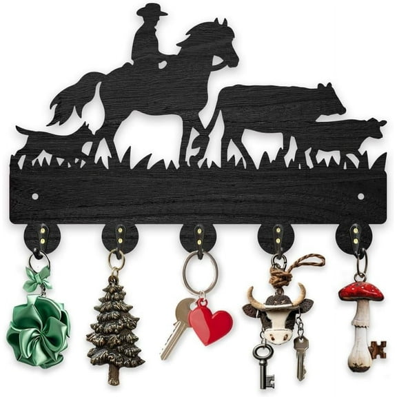 1 Set Wood Iron Wall Mounted Hangers Decorative Organizer Rack with 2Pcs Screws 5 Hooks for Bag Clothes Key Scarf Hanging Holder Cattle