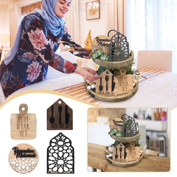 1 Set Of Wooden 3D Farmhouse Decorative Tray Ornament Set With Printed Designs (Flat & Lattice Shapes, House/Circular/Cutting Board Forms) For Kitchen Home Decor And Ramadan