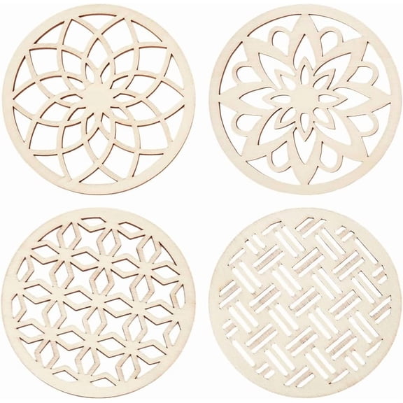 1 Set Wooden Carved Cup Mats Coaster Heat Resistant Pot Mats for Home Kitchen Flat Round 87x3mm 4pcs/set DIY Mixed Color