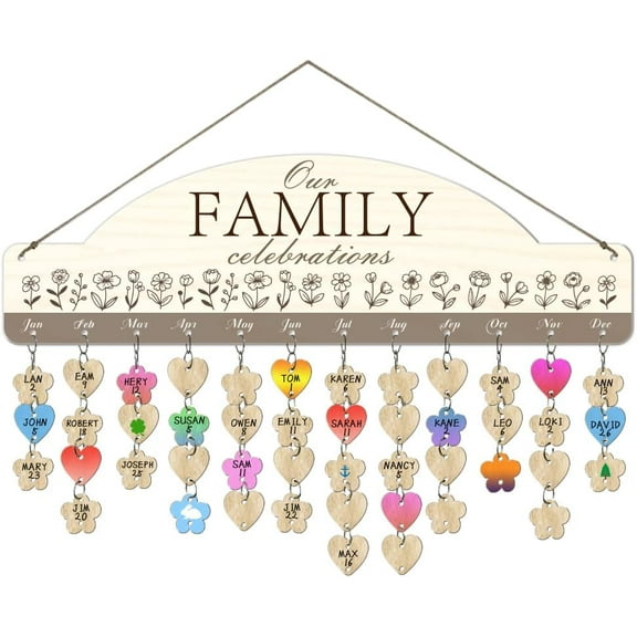 1 Set Wooden Family Birthday Reminder Calendar Board Our Family Celebrations Board With 100 Pcs Tags DIY Birthday Tracker Hanging Plaque 12x40cm/4.7x15.5inch for Home Decoration Friends