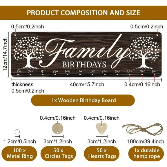 1 Set Wooden Family Birthday Reminder Calendar Plaque Tree Celebrations Calendar Wall Hanging with 100 Tags for Birthday Party Decoration 4.7x15.7inch(12x40cm)