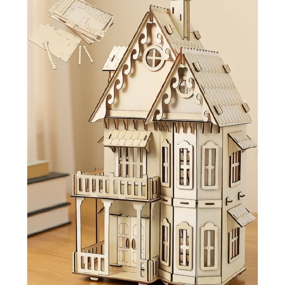 1 Set Wooden House Puzzle Model Kit, DIY Fantasy Villa Dollhouse Building Set, Pre-Cut Glue-Free Assembly, 14+