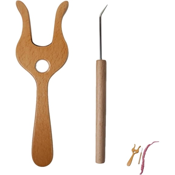 1 Set Wooden Lucet Crochet Fork Kit Multi Functional Knitting Tool with Cord Hook Needles for Yarn Crafting
