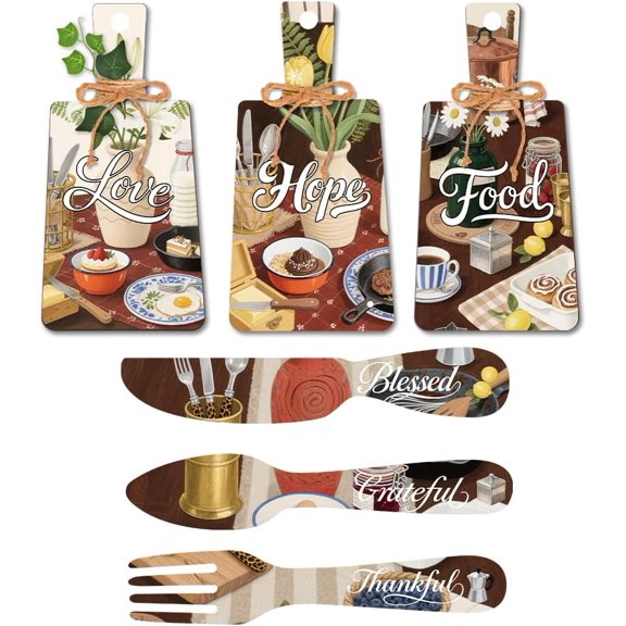 1 Set Wooden Pendant Decoration with Hemp Rope Tableware Shape Tableware 280~300x60~140mm 6pcs/set for DIY