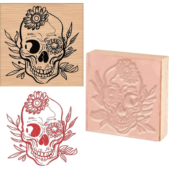 1 Set Wooden Rubber Stamp Skull Flower Decorative Wood Stamps Vintage Wood Mounted Rubber Stamps for Card Making DIY Art Crafts Scrapbooking Journal Diary Letter Planner
