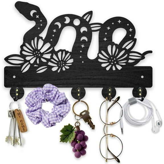 1 Set Wooden Snake Moon Phase Key Holder for Wall 11.8x7.8inch Flower Snake Animal Key Rack Magic Animal Key Hanger 5 Alloy Hooks for Entryway Front Door Hallway Wall Art Decoration