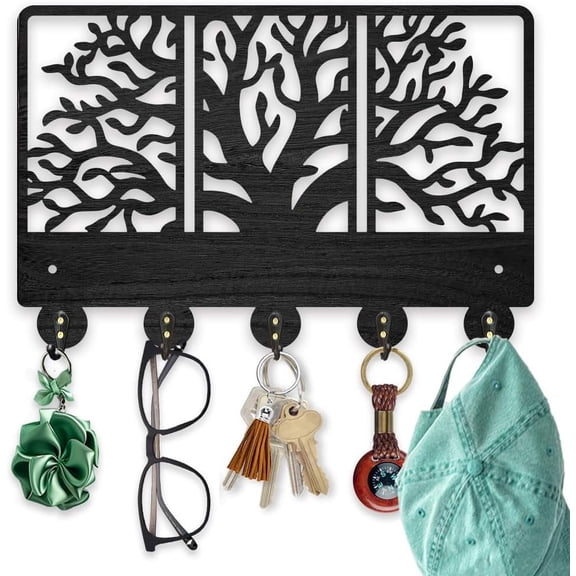 1 Set Wooden Tree of Life Key Hooks for Wall 11.87.8 inch Tree Branch Wall Mounted Key Rack Botanical Themed Black Art Key Holder with 5 Alloy Hooks for Entryway Bedroom Home Decor