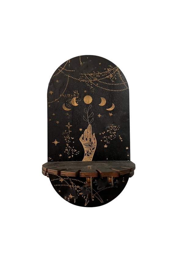 1 Set Wooden Wall-Mounted Small Crystal Display Shelf Witch Hanging Crystal Holder for Crystal Dowsing Pendulum Pendant Storage Moon Pattern 21.5x11.6cm